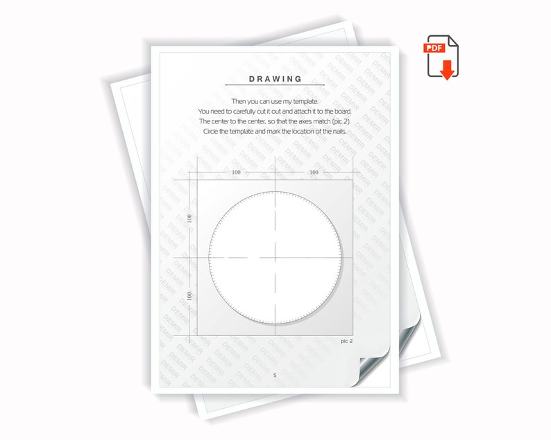 May include: A black and white drawing of a circle with a grid pattern. The drawing is labeled "DRAWING" and includes instructions for using a template to create a circular object. The instructions include the text "Then you can use my template", "You need to carefully cut it out and attach it to the board", "The center to the center, so that the axes match (pic 2)", and "Circle the template and mark the location of the nails."