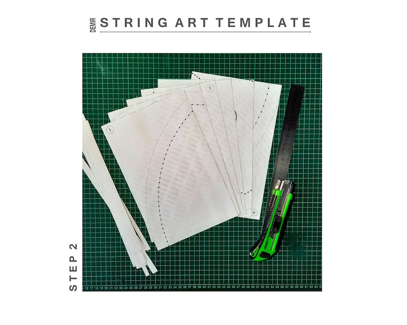 May include: A green cutting mat with a ruler, a craft knife, and several white paper templates labelled with numbers. The templates are for string art projects. The text "STEP 2" is written vertically on the left side of the image.