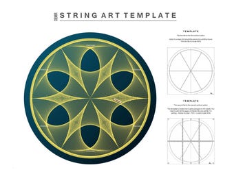 May include: A string art template with a geometric design. The template is a circle with a yellow string pattern on a dark blue background. The image also includes two smaller circles with grid lines, labeled "Template".