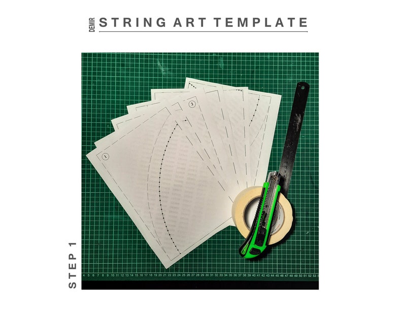 May include: A green cutting mat with a roll of tape, a craft knife, and several white paper templates for string art projects. The templates have numbered circles and lines.