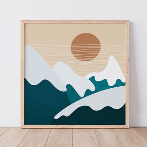 Boho Mountain Wall Art | Blue Snow Mountains Illustration | Skii Print | Square Poster | Boho Illustration | Boho Artwork | Instant Download