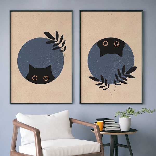 Boho Black Cat eyes in Starry Night Wall Art for Cat lovers | Set of Two art prints | Abstract Digital Print Illustration |