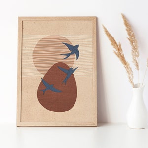 Boho Bird Wall Art / Poster Blue Bird / Stampa digitale rilassante / Illustrazione di tre uccelli in volo / / Opere d'arte Boho calmanti / Download istantaneo