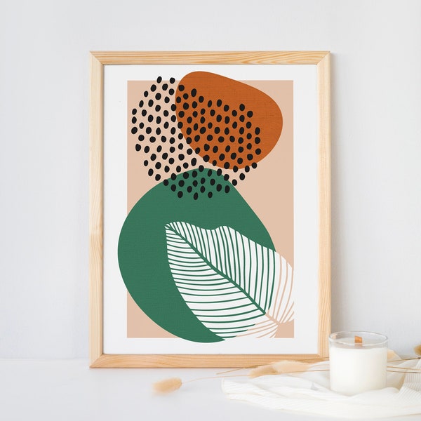 Boho Art Print | Abstract Illustration | Leaf Minimalist Art | Papaya | Orange and Green | Warm Design | Funny Artwork | Cozy wall decor
