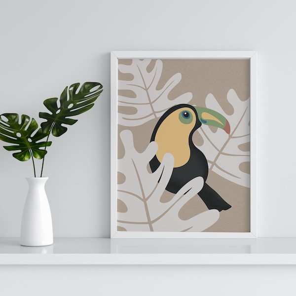 Boho Tukan Vogel Druck Poster | Tucano Dschungel Monstera Blätter Wandkunst | Neutrale Töne Kunstdruck | Abstrakte Natutal Papier Print Illustration