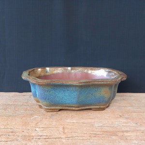 Può includere: Un vaso per bonsai rettangolare con bordo smerlato. Il vaso in ceramica ha una glassa blu e marrone all'esterno e un interno marrone rossiccio. Il vaso poggia su quattro piedini ed è progettato per la coltivazione di bonsai.