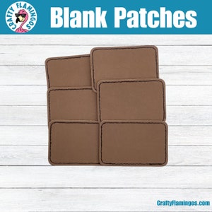 May include: Six brown blank patches with black stitching. The patches are arranged in a stack on a white wood background.