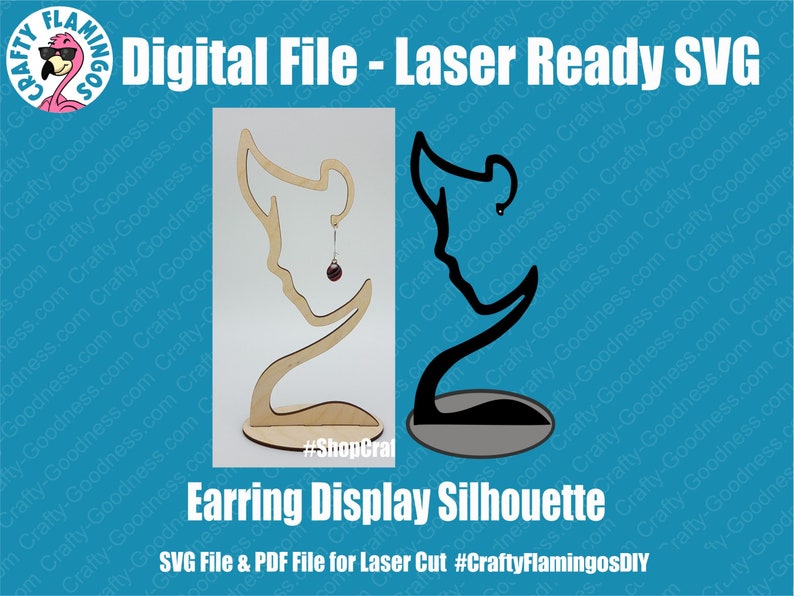May include: A laser-cut wooden earring display stand in the shape of a woman's profile. The stand is brown and has a small round base. The text "#Shoperal" is printed on the base. The stand is shown next to a black silhouette of the same design.