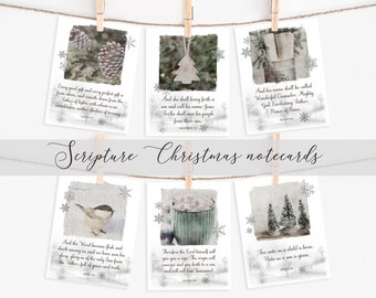 May include: Six Christmas notecards with a wintery theme. Each card features a different image and a Bible verse. The verses are about the birth of Jesus and the meaning of Christmas. The cards are printed on white cardstock with a rustic, distressed look.