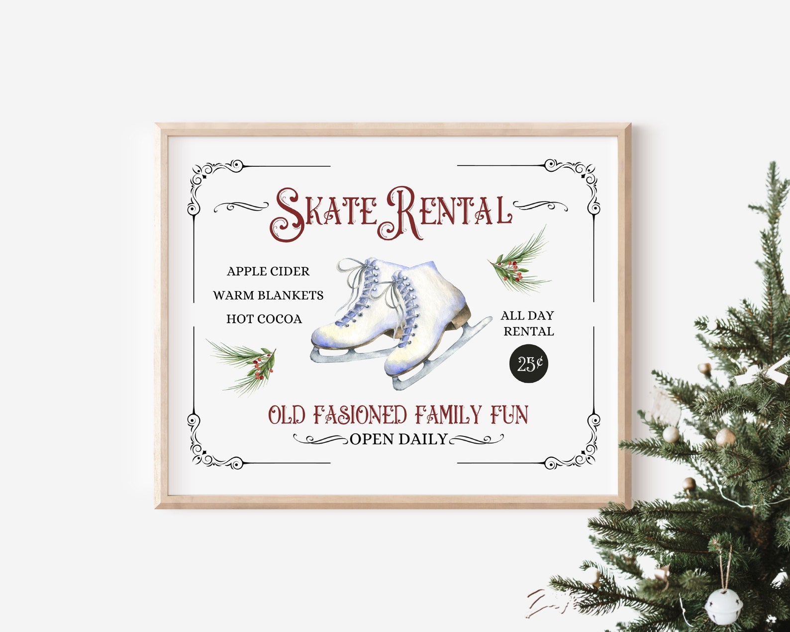 Roller Rink Skate Rentals Sign Skate Rental Christmas Digital Print, Christmas Printable, Skating ...