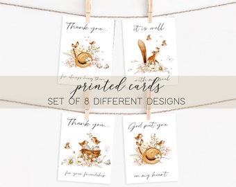 May include: Set of eight printable greeting cards featuring watercolor illustrations of birds, squirrels, and flowers. The cards have various messages, including "Thank you... for always being there", "It is well with my soul", "Thank you... for your friendship", and "God put you on my heart".