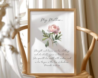 Proverbs 31:25-26, Mothers Day Printable Art, Christian Mothers Day Print, Proverbs Wall Art, Happy Mothers Day Wall Art