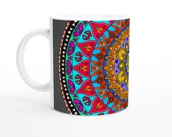 Rainbow Mandala Ceramic Mug | Boho Coffee Cup | Glossy 11oz Drinkware