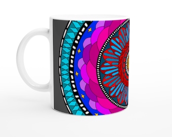 Cosmic Spiral Mandala Ceramic Mug | Vivid Boho Coffee Cup (11oz Glossy)