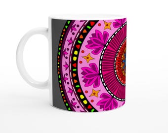 Pink Fiesta Mandala Ceramic Mug | Boho Coffee Cup | Floral Design (11oz)