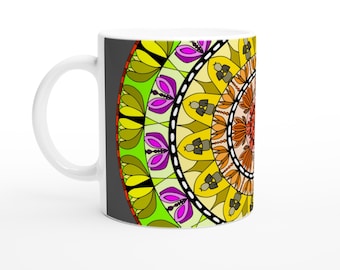 Retro Mandala Sunflower Mug | Boho Daisy Coffee Cup | 11oz Glossy Ceramic Gift