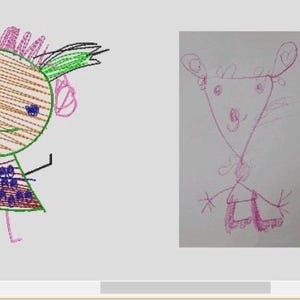 May include: A series of children's drawings depicting a cartoon character. One drawing is fully coloured with brown, green, pink, and blue. The character has a round face, a dress, and arms. Other drawings are sketches.