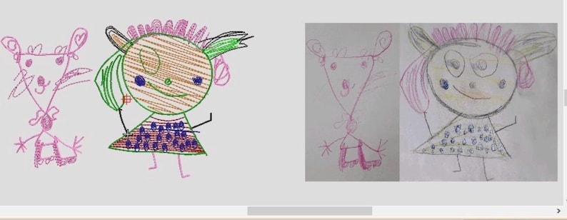 May include: A series of children's drawings depicting a cartoon character. One drawing is fully coloured with brown, green, pink, and blue. The character has a round face, a dress, and arms. Other drawings are sketches.