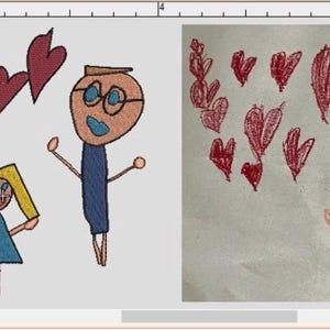 May include: Two crayon drawings of a family with red hearts. The first shows a father, a child, and hearts. The second drawing depicts a similar scene with a father, a child, and hearts. The drawings are in crayon.