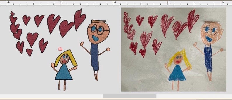 May include: Two crayon drawings of a family with red hearts. The first shows a father, a child, and hearts. The second drawing depicts a similar scene with a father, a child, and hearts. The drawings are in crayon.