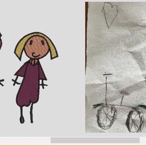 May include: A child's drawing depicting a family, a bicycle, and a heart. The figures are drawn in a simple, stick-like style, with a green shirt, a purple dress, and sunglasses. The bicycle is black.