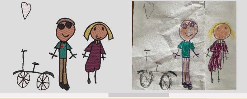 May include: A child's drawing depicting a family, a bicycle, and a heart. The figures are drawn in a simple, stick-like style, with a green shirt, a purple dress, and sunglasses. The bicycle is black.