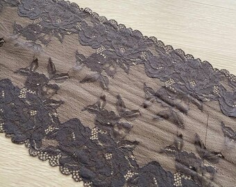 Gray Elastic Floral Lace Trim, 23cm Width, Double Scalloped Edge, Stretchy Lace for Dressmaking, 1 Meter