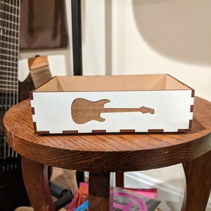Guitar Pick Box - Stratocaster | Large White | Painted and Engraved Wood Guitar Pick Box