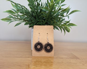 Vinyl Record Wood Dangle Earrings - Walnut Wood | Wood Dangle Earring | Vinyl LP Earring