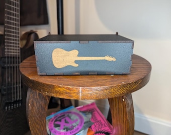 Guitar Pick Box - Telecaster | Large Black with Lid | Painted and Engraved Wood Guitar Pick Box | Fender Tele