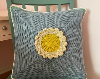 Blue Daisy Crochet Pillowcase, Granny Square Cushion Cover