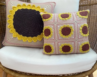 Patrones de almohadas de ganchillo con girasoles (varios tamaños) y patrón de funda de cojín cuadrada "Abuela con girasoles".