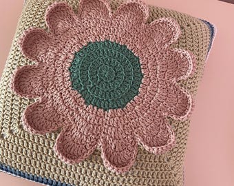 Vintage Pink Daisy Crochet Pillow Pattern, Granny Square Cushion Cover Pattern