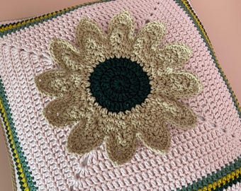 Pink Flower Crochet Pillowcase, Granny Square Cushion Cover