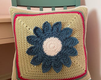 Blue Flower Crochet Pillowcase, Granny Square Cushion Cover