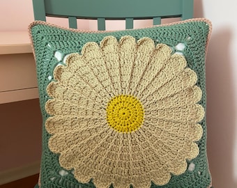 Green Flower Crochet Pillowcase, Granny Square Cushion Cover