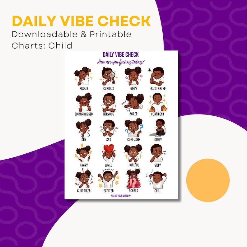 Printable Black Feelings Chart for Kids – Daily Vibe Check | 5 Sizes ...