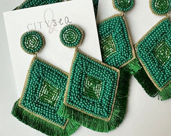 Kelly Green Seed Bead Diamond and Tassel Earrings - Gift for Her, Statement Earrings from City and Sea Designs, Summer Accessories