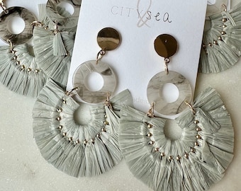 Raffia Circle Disk Earrings - City and Sea Designs - Grey Summer Statement Earrings - Summer Accessories - Lightweight