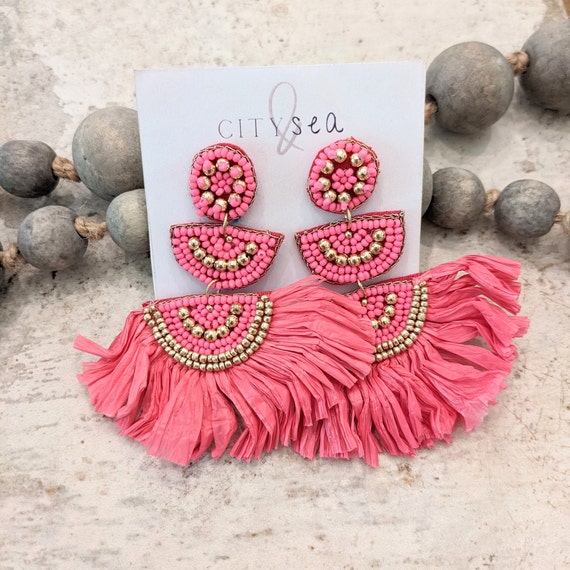 Hot Pink Raffia and Seed Bead Tassel Earrings Raffia Statement