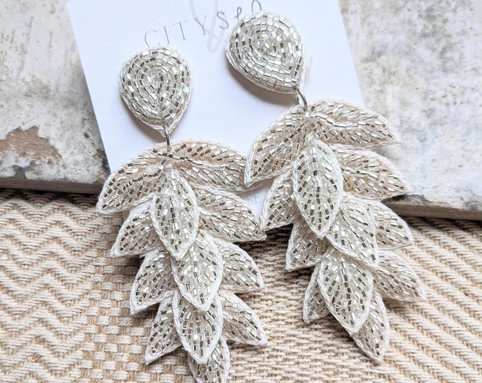 White Beaded Leaf Earrings Beaded Bridal Earrings City and Etsy