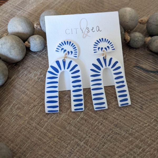 Blue and White Acrylic Arch Earrings - City and Sea Designs - Arch - Gift Idea - July 4th