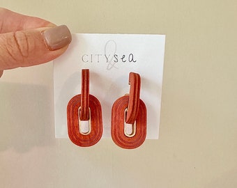 Thick Wood Link Earrings Hoops - Neutral Statement Earrings - City and Sea Designs - Burnt Orange Earrings - Summer and Fall Accessories