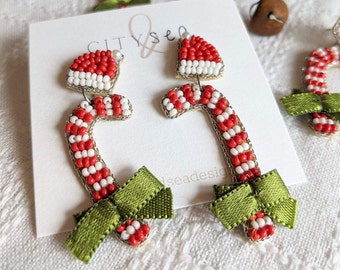 Beaded Candy Cane and Christmas Hat Earrings - Holiday Party Earrings - City and Sea Designs - Lightweight Statement Earrings