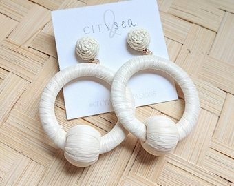 White Raffia Hoops - Lightweight Statement Earrings - City and Sea Designs - Bridal Earrings - Beach Earrings