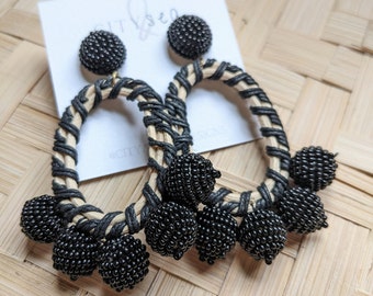 Black Bead Ball and Rattan Earrings - Statement Earrings from City and Sea Designs - Birthday Gift for Her - Beachy Earrings