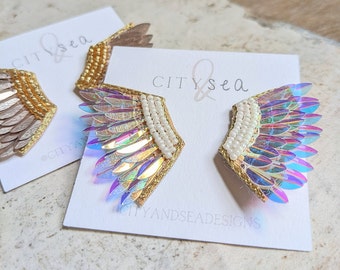 Iridescent Rainbow Sequin Wing Earrings - City and Sea Designs - Lightweight Wing Earrings - Statement Earrings
