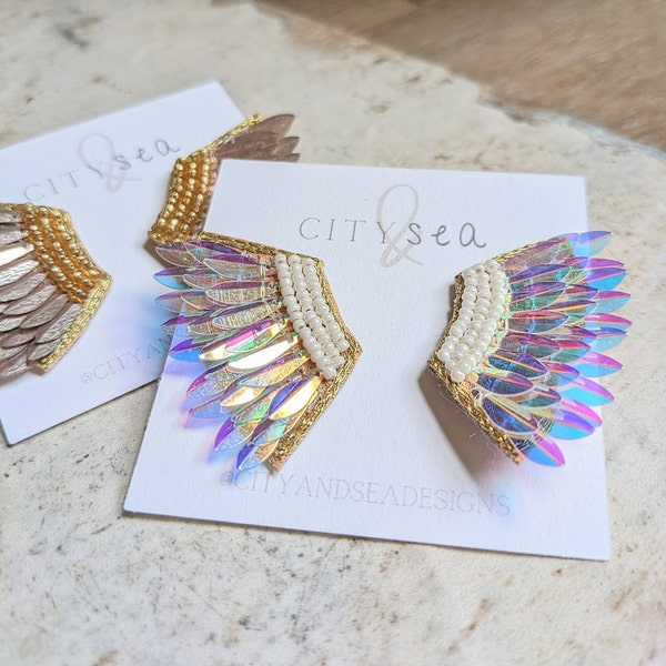 Iridescent Rainbow Sequin Wing Earrings - City and Sea Designs - Lightweight Wing Earrings - Statement Earrings