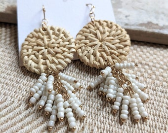 Rattan Disc & Bead Tassel Earrings - Statement Earrings from City and Sea Designs - Birthday Gift for Her - Beachy Earrings