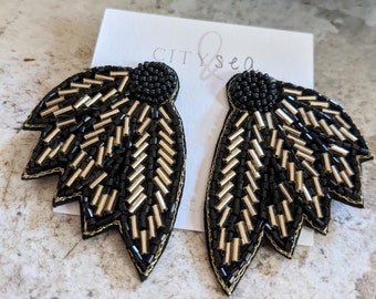 Black Angel Wing Earrings - City and Sea Designs - Seed Bead Statement Earrings